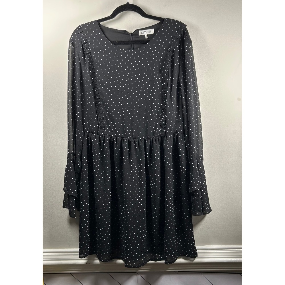 Leyden Polka Dot Mini Dress Womens XL Black Modern Ruffle Bell Sleeve Chiffon